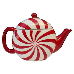 New Red / White Christmas Holiday Peppermint Candy Party Ceramic Tea Pot Teapot